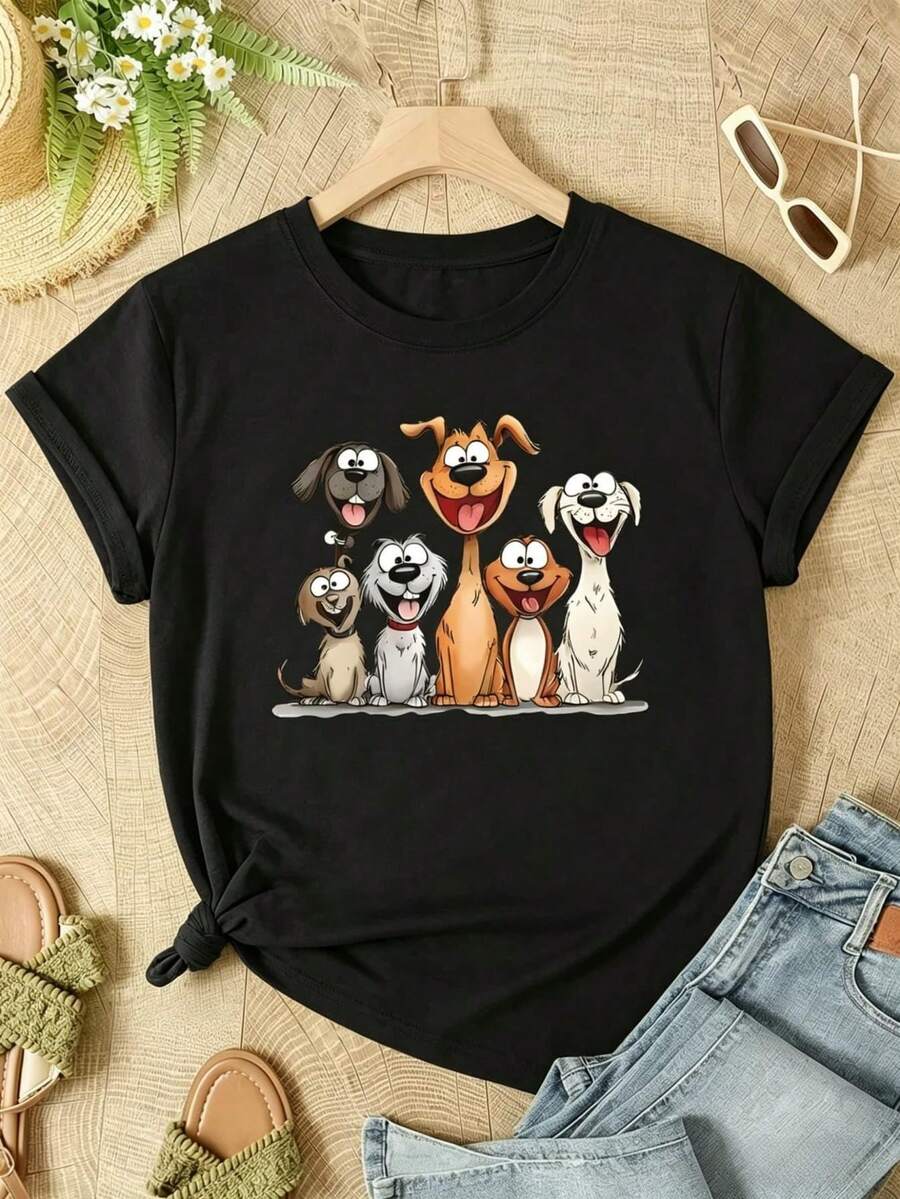 Women's T-Shirt With A Charming Canine Family Portrait Print, Short Sleeve Design And Round Neck In Black, Soft And Stretchy, Casual Style, Breathable, Dazzling Retro Bohemian Style, Suitable For Daily Comfort And Relaxation. - 黑色 - 查看 1