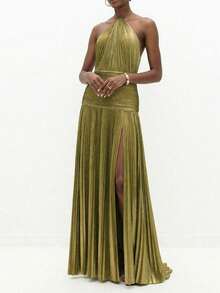 Vestido ajustado cuello halter espalda descubierta cintura marcada elegante primavera 2026 - Dorado - Ver 1