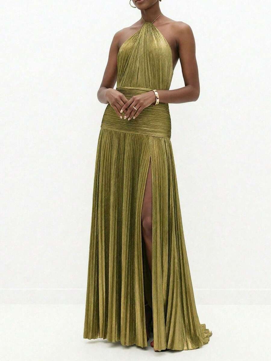 Vestido ajustado cuello halter espalda descubierta cintura marcada elegante primavera 2026 - Dorado - Ver 1