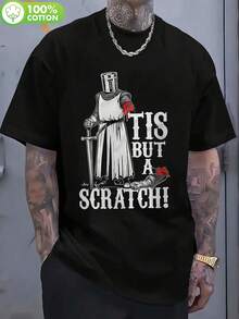 Funny Unisex T-Shirt With Medieval Knight Warrior Design, 'It's Just A Scratch' Design, Black Cotton Crew Neck For Casual Outdoor Wear, Spring Summer Autumn, 230Gsm - 黑色 - 查看 1