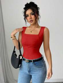 Camiseta sin mangas de verano ajustada de cuello cuadrado de unicolor elegante y casual para mujer - Rojo - Ver 3