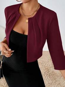 Blazer corto de mujer con abertura frontal, chaqueta elegante de unicolor para el trabajo o atuendos elegantes en otoño/invierno - Burdeos - Ver 4