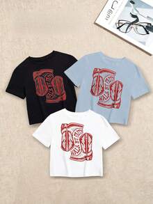 Women's T-Shirts, Women's Tops, One-Piece Set, Short-Sleeved Crop Top, With A Round Neck Design That Enhances A Sexy, Fitted Silhouette And A Short Style. Made Of 100% Pure Cotton, With Local Delivery Service Available; Summer Clothing Designed Specifically For Women, Vacation Outfits, Summer Tops, Mother's Day Dresses, Holiday Outfits, Etc. - 1件黑色隨機圖案 - 查看 1