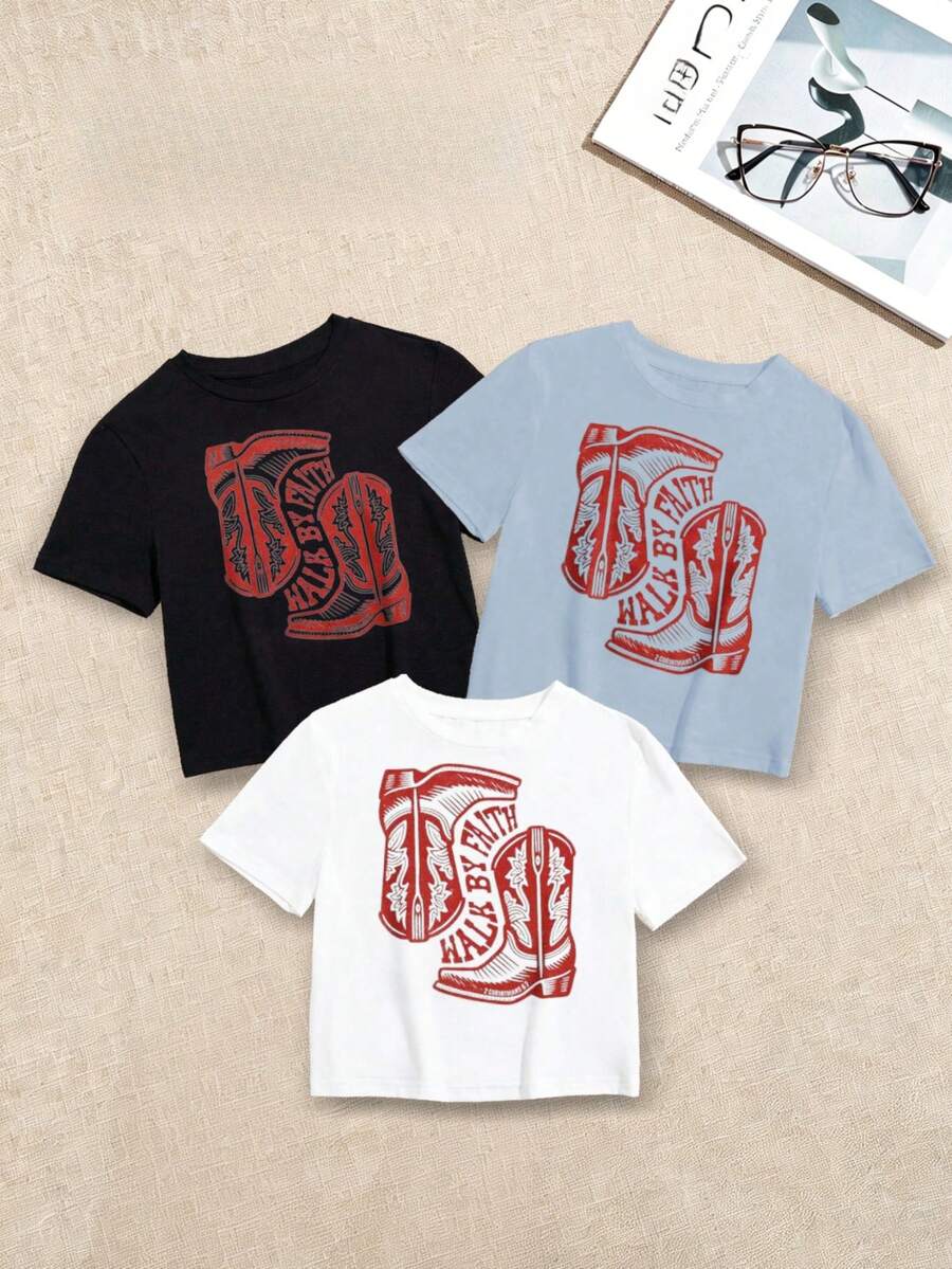 Women's T-Shirts, Women's Tops, One-Piece Set, Short-Sleeved Crop Top, With A Round Neck Design That Enhances A Sexy, Fitted Silhouette And A Short Style. Made Of 100% Pure Cotton, With Local Delivery Service Available; Summer Clothing Designed Specifically For Women, Vacation Outfits, Summer Tops, Mother's Day Dresses, Holiday Outfits, Etc. - 1件黑色隨機圖案 - 查看 1