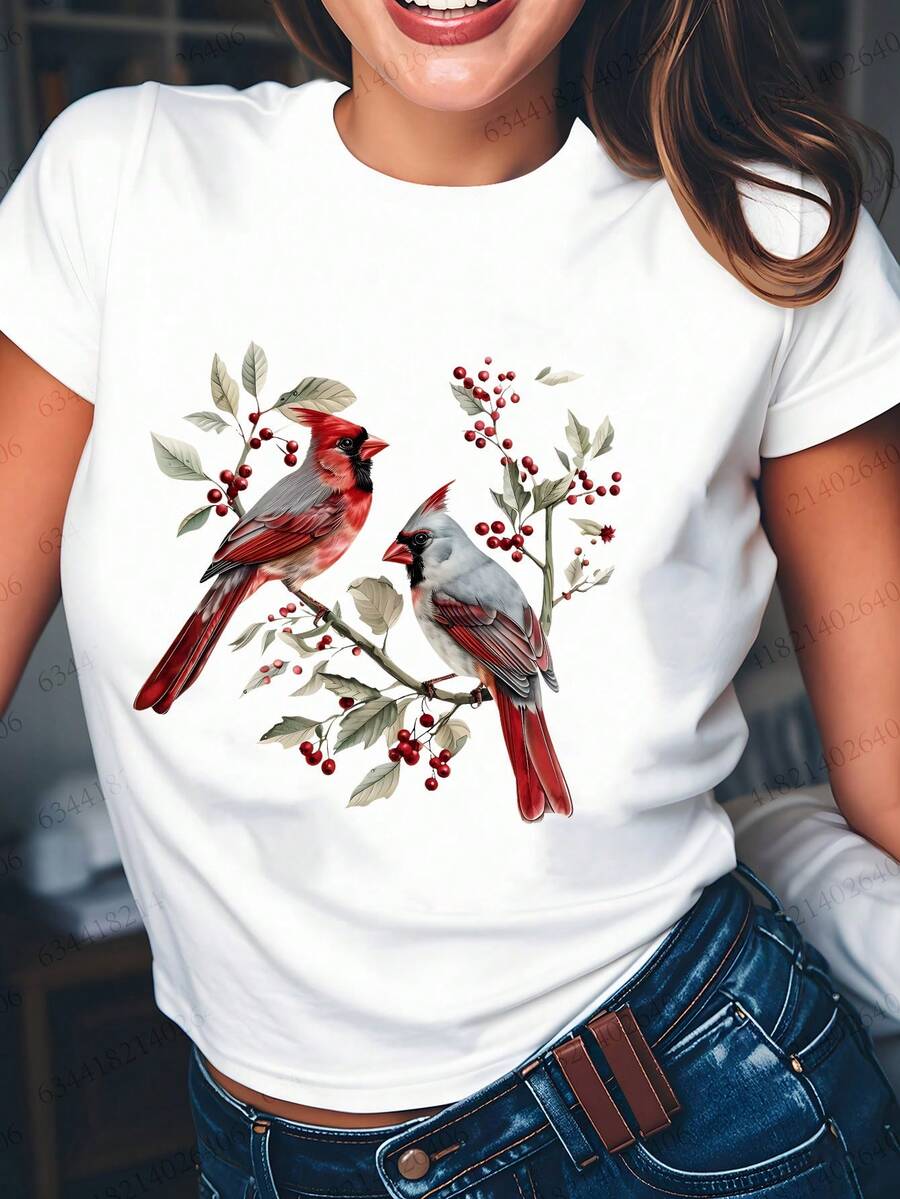 Women's Casual Short-Sleeve T-Shirt With Cardinal And Fruit Print - Summer Fashion, Crew Neck, Lightweight Polyester, Perfect For Casual Wear, Casual Summer Clothes | Vibrant Print T-Shirt | Polyester - 白色 - 查看 1