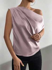 Blusa de satén con cuello asimétrico y hombro descubierto - Púrpura malva - Ver 3