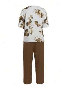 2 piezas Conjunto de top y pantalones casuales estampados para mujer - Marrón - Ver 2