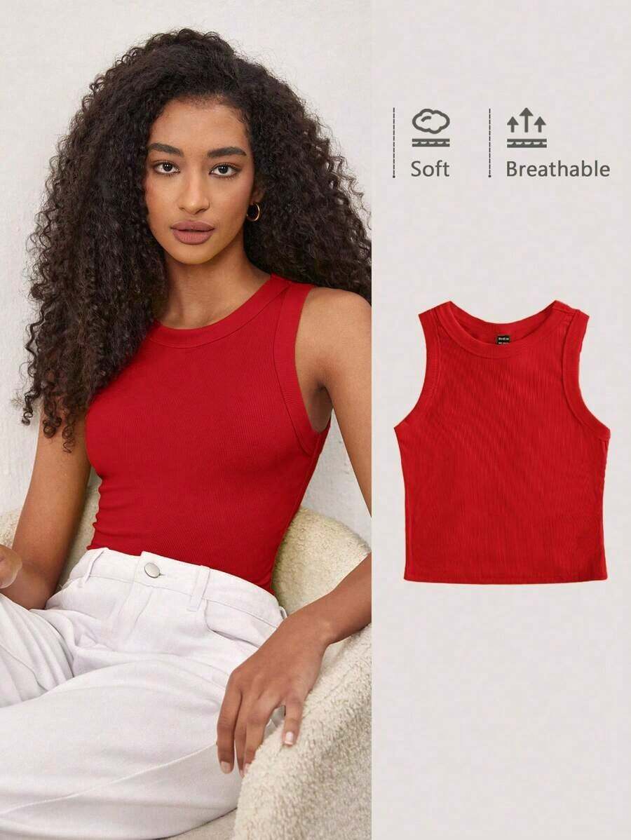 Camiseta de tirantes casual y versátil con cuello redondo y rayas para mujer - Rojo - Ver 1
