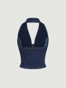Top en mezclilla con cremallera de cuello halter de espalda abierta - Azul lavado oscuro - Ver 2