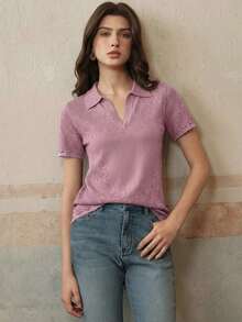 Elegante y digna blusa de punto con escote en V, bordado floral y calado, para primavera/verano - Rosa - Ver 4