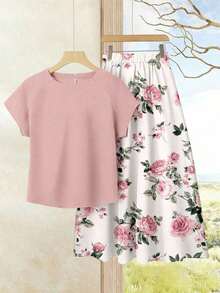 2 piezas Conjunto de top casual de unicolor + falda estampada para vacaciones de mujer, Conjunto de ropa de verano para mujer, Conjunto de falda de verano, Conjunto de falda y top, Conjunto de falda y top para mujer, Conjunto de falda estampada - Multicolor 3 - Ver 8