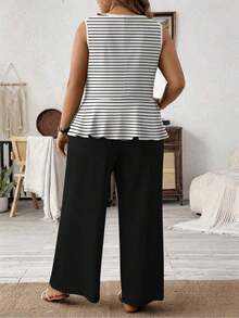 LUNE Conjunto de 2 Piezas para Mujer Talla Grande, Camisola de Verano de Color Sólido con Cuello Redondo y Volantes en el Bajo y Pantalón de Pierna Ancha Holgado - Multicolor 6 - Ver 3