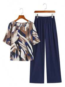 Conjunto de 2 piezas: Blusa de manga corta con cuello redondo y estampado total y pantalones para mujer en verano - Multicolor 6 - Ver 7