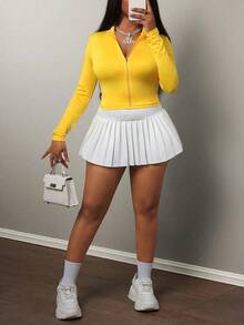 Chaqueta básica casual de ajuste ceñido con cremallera, cuello en V y manga larga para otoño/invierno - E - Amarillo - Ver 4