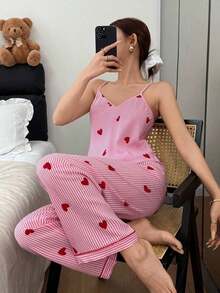 Conjunto de pijama de camiseta de tirantes y pantalones con estampado de corazones a rayas y efecto arrugado para mujer - Rosa - Ver 7