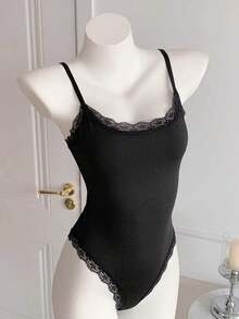 Body de encaje con parches, versátil para uso diario casual de mujer - Negro - Ver 7