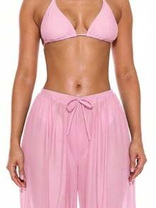 Pantalones anchos con cordón frontal de tiro bajo, prenda de vestir para cubrir en verano, primavera, vacaciones, vacaciones, club sexy, Ibiza, ropa de playa, nanotecnología, techno, otoño, color sólido - Rosa - Ver 5