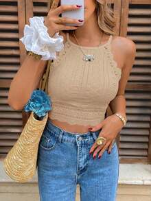 Camiseta de tirantes de mujer con cuello halter, hombros descubiertos y entredós de encaje - Albaricoque - Ver 7