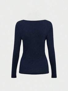Elegante camiseta básica minimalista vintage casual de uso diario, reversible, de punto con cuello redondo y manga larga para mujer, color negro, para primavera - Azul marino - Ver 5