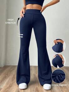 Pantalones de mujer negros tejidos ajustados y acampanados, de moda y versátiles - Azul marino - Ver 7
