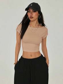 Camiseta negra con espalda abierta, adecuada para talla pequeña, para verano - Caqui - Ver 4
