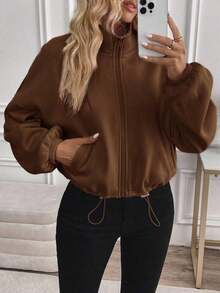 Women's Casual Long Sleeve Hoodie With Adjustable Drawstring And Zipper, Airport Clothing, Three-Quarter Sleeve Blouses For Autumn/Winter. - 棕色 - 查看 1