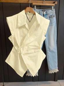 Blusa casual sin mangas con estampado de rayas para mujer, verano - Albaricoque - Ver 1
