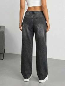 Casual Daily Wear Low Waist 90's Gray Denim Wide Leg Jean - Dark Wash - View 4