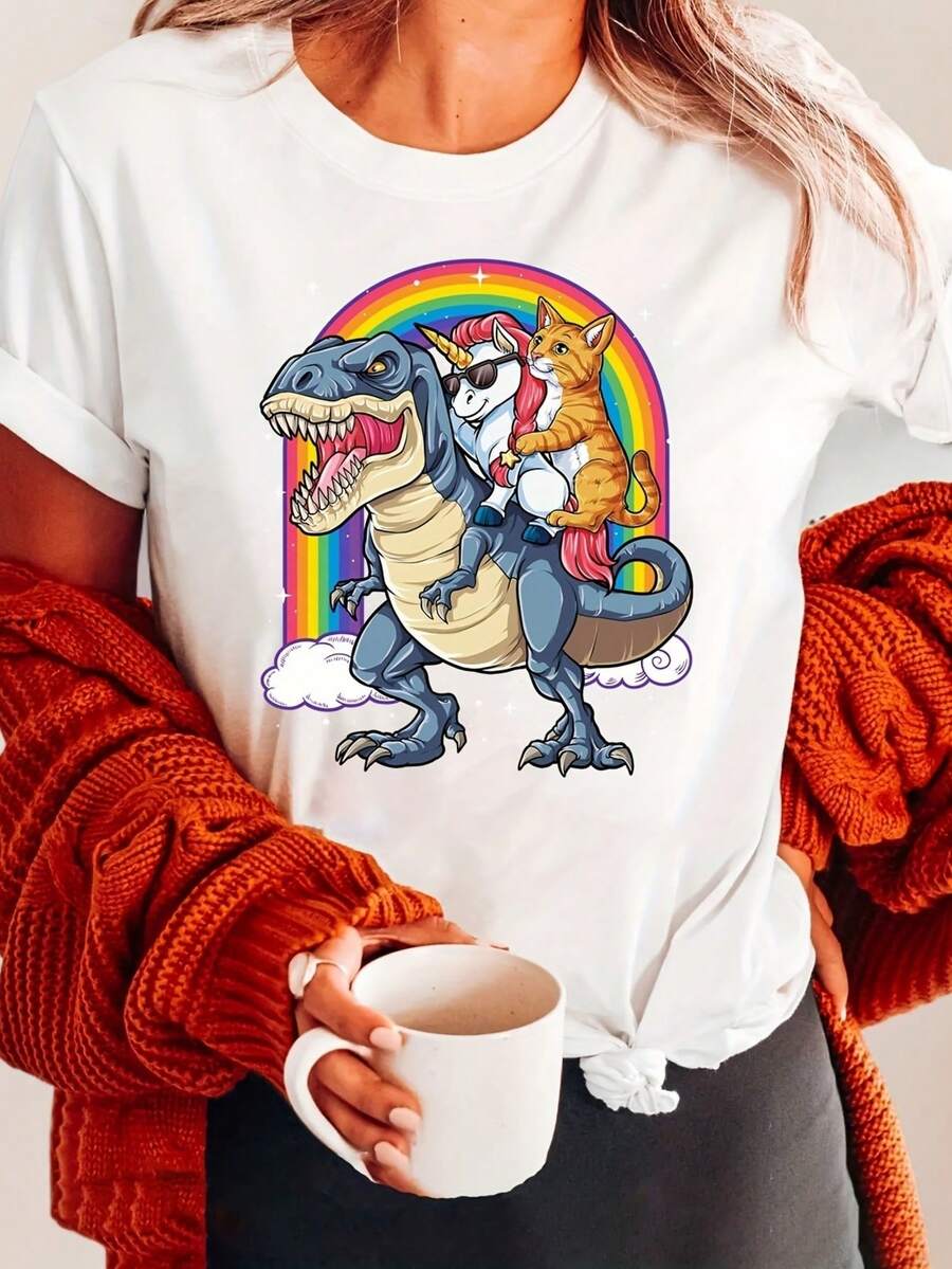 Camiseta casual de manga corta con cuello redondo y estampado de letras de gato unicornio montando un dinosaurio, para mujer, ideal para verano y primavera - [Blanco] - Ver 1