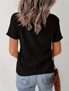 Camiseta con Estampado "Letter Mama", Manga Corta, Cuello Redondo, Estilo Casual para Primavera y Verano, Ropa de Mujer - Negro - Ver 3