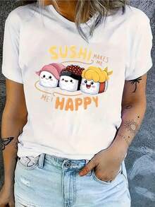 Women's Short Sleeve T-Shirt With Cartoon Rice Ball Design - Apricot - View 1