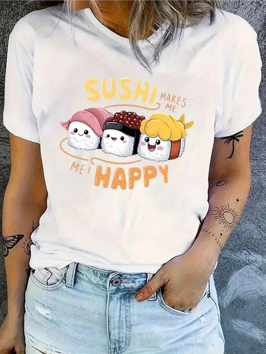 Women's Short Sleeve T-Shirt With Cartoon Rice Ball Design - Apricot - View 1