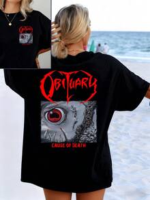 Giant Red Eye Surrounded By Shadows That Emerge Like Roots From A Dark Abyss And Reveal An Inner Strength Amidst Lights And Mysterious Shapes. Women's Double-Sided Printed T-Shirt, Casual, Modern, For Everyday Wear - 黑色 - 查看 1