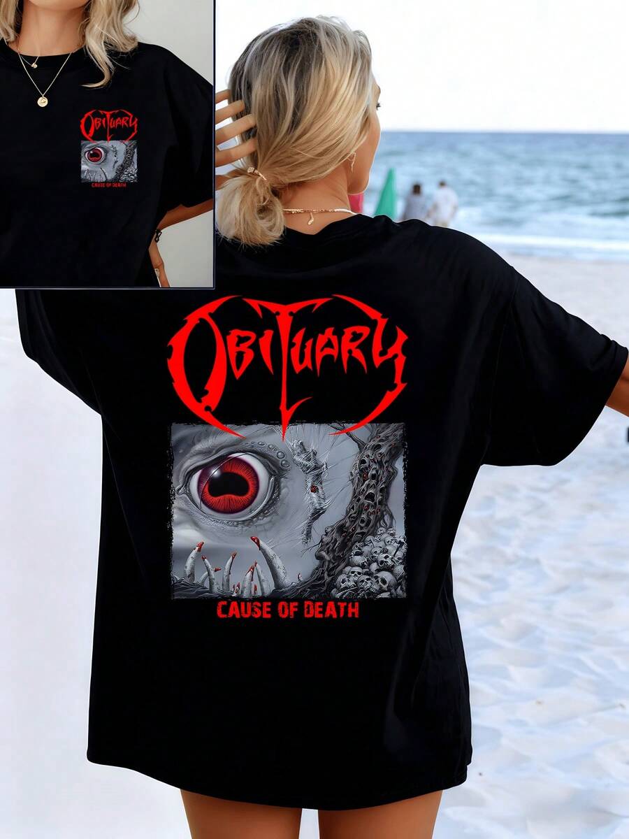 Giant Red Eye Surrounded By Shadows That Emerge Like Roots From A Dark Abyss And Reveal An Inner Strength Amidst Lights And Mysterious Shapes. Women's Double-Sided Printed T-Shirt, Casual, Modern, For Everyday Wear - 黑色 - 查看 1