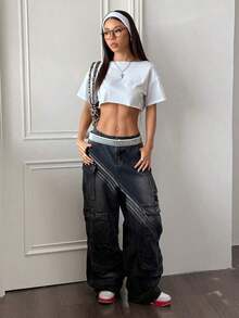 Top corto asimétrico de mujer con cuello blanco y flecos, camiseta de manga corta de moda versátil Y2K oversize y sexy, para primavera/verano - Blanco - Ver 7