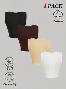 Conjunto de 4 piezas de top de tirantes ajustado y fruncido de cuello cuadrado de varios colores para mujer.Top corto sin mangas en negro, burdeos, marrón y blanco.Elegante y romántico para vacaciones, fiestas, ceremonias, playa, salidas casua - Multicolor 5 - Ver 3