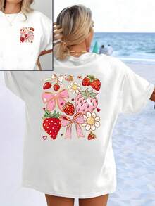Red Strawberries With Pink Ribbons, Hearts, And Flowers Symbolizing Sweetness, Love, And Positive Energy Create A Cheerful And Feminine Atmosphere. This Women's Double-Print T-Shirt Is Ideal For Casual And Comfortable Wear. - 白色 - 查看 1