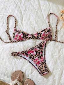 Set de 2 piezas Bikini de tirantes finos con estampado aleatorio para mujer, verano - Multicolor 11 - Ver 4