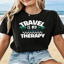 1 pieza, clásica y versátil, camiseta de manga corta de algodón puro con estampado TRAVEL is my Relax, estilo moderno, adecuada para usar en cualquier estación - Negro - Ver 2