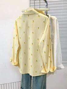 Blusa de mujer con cuello polo, estampado de corazones y rayas - Camisa casual de manga larga con botones, adecuada para uso diario en primavera, verano y otoño - limón amarillo - Ver 3
