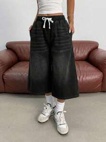 Pantalones vaqueros anchos de cintura con cordón de mezclilla elástica desgastada a la moda Y2K para adolescentes, pantalones cortos bohemios de verano para playa y vacaciones para niñas, conjuntos informales de verano para conciertos y festivales, - Negro - Ver 3