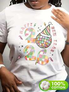 Plus Size Women's Clothing, Happy New Year 2026 Ladies Casual Round Neck Sports T-Shirt Fashion Festival Party Print Short Sleeve Top - 白色的 - 查看 6