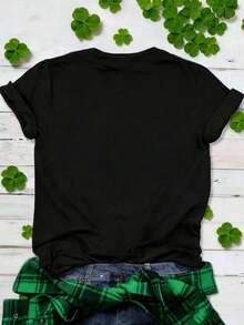 Camiseta gráfica de verano con cuello en V y diseño de corazón para mujer de talla grande - Negro 2 - Ver 2