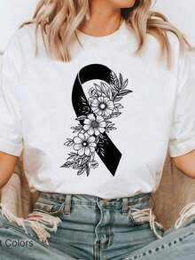 Siren Gazeb Women's Casual Clothing Black Ribbon Awareness T-Shirt, Mourning T-Shirt, Black Ribbon T-Shirt, Mourning Awareness, Memorial Ribbon, Memorial T-Shirt 2000s Style Blouse Casual Women's Blouses - 白色的 - 查看 7