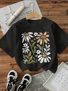 Women's Casual Short Sleeve Floral Print T-Shirt - Olive Green With White/Pink Daisies, Breathable Machine Washable Fabric, Comfortable Fit All Year Round, Nature Inspired Design, Not See-Through - 黑色 - 查看 2