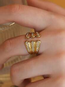 Stainless Steel Zirconia Inlaid Ring, Luxury Design Jewelry, Fashionable High-End Finger Ring - Golden 7 - View 4