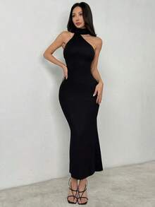 Vestido ajustado de cuello de halter y espalda descubierta - Negro - Ver 7
