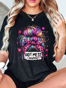 "Hot Mess Mom" Graphic Tee - Fun Women's Tee - Casual Short Sleeve Slim Fit Graphic Tee With Colorful Messy Bun Design Featuring Pink Leopard Print Bow And Text | Vibrant Pink, Blue, Yellow, And Purple Hair Accents With Heart Details | Perfect For Moms Who Embrace Their Chaos, Just One Piece Of Clothing - 預設 - 查看 5