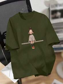 Plus Size Casual T-Shirt With A Print Of A Smiling, Healing Girl - Olive Green - View 7