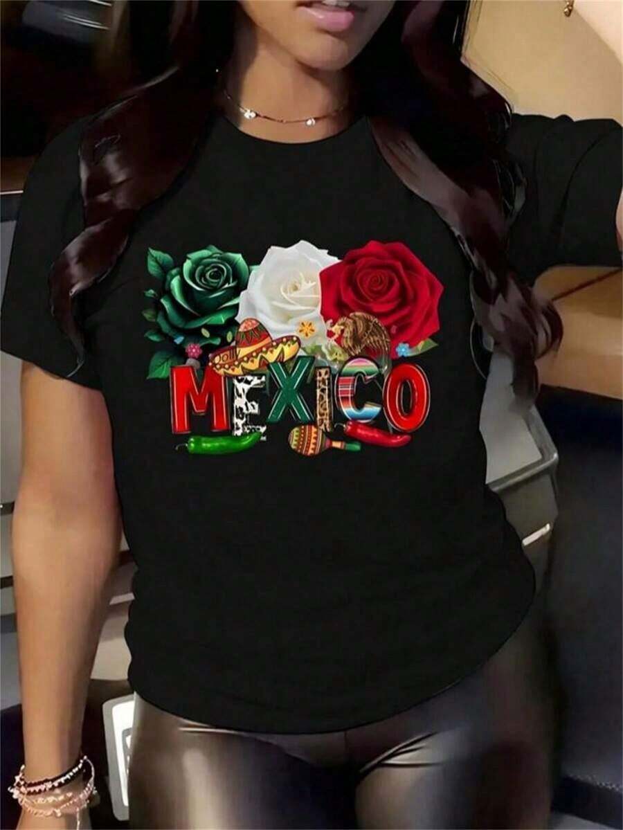 Creative Mexican-Themed Print T-Shirt. Women's T-Shirts For Spring, Summer, And Autumn, Casual And Fashionable Style, Machine Washable, For Sports, Daily Wear, And Parties. Women's T-Shirts, Halloween Costumes, Women's Clothing, T-Shirts, Autumn Costumes For Women, Easter, Halloween, Thanksgiving, And More - 黑色 - 查看 1